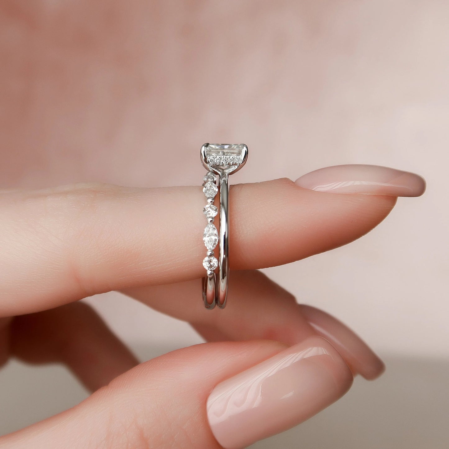 1.0CT Radiant Cut Moissanite Hidden Halo Bridal Engagement Ring Set