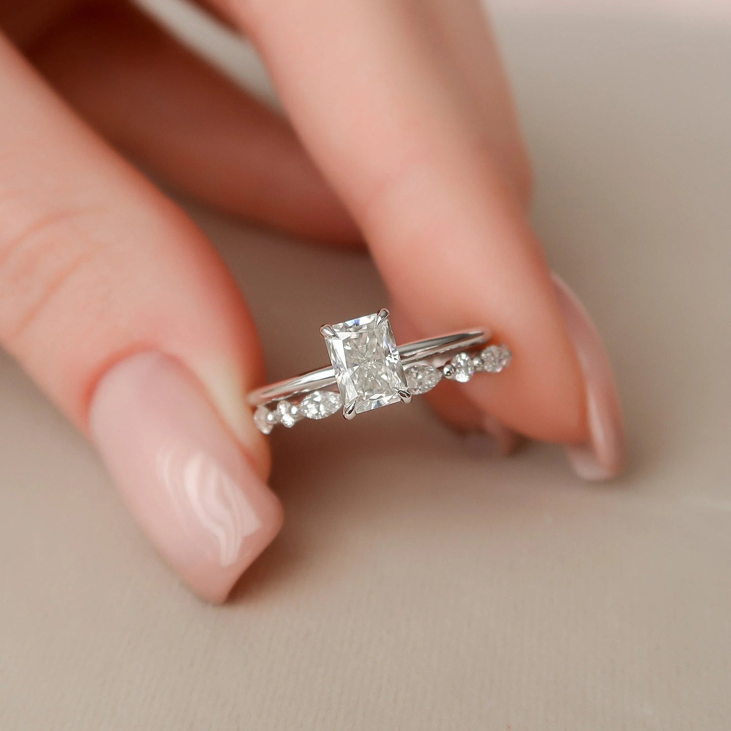 1.0CT Radiant Cut Moissanite Hidden Halo Bridal Engagement Ring Set