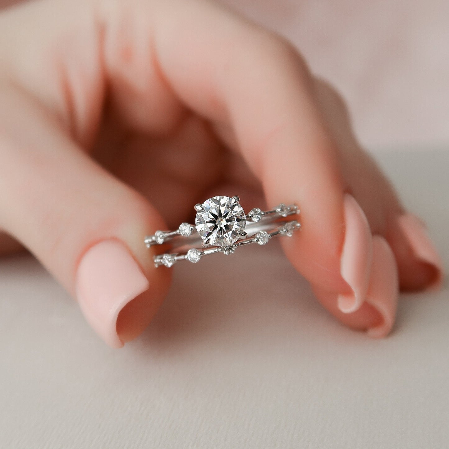 1.0CT Round Cut Moissanite Halo Bridal Engagement Ring Set