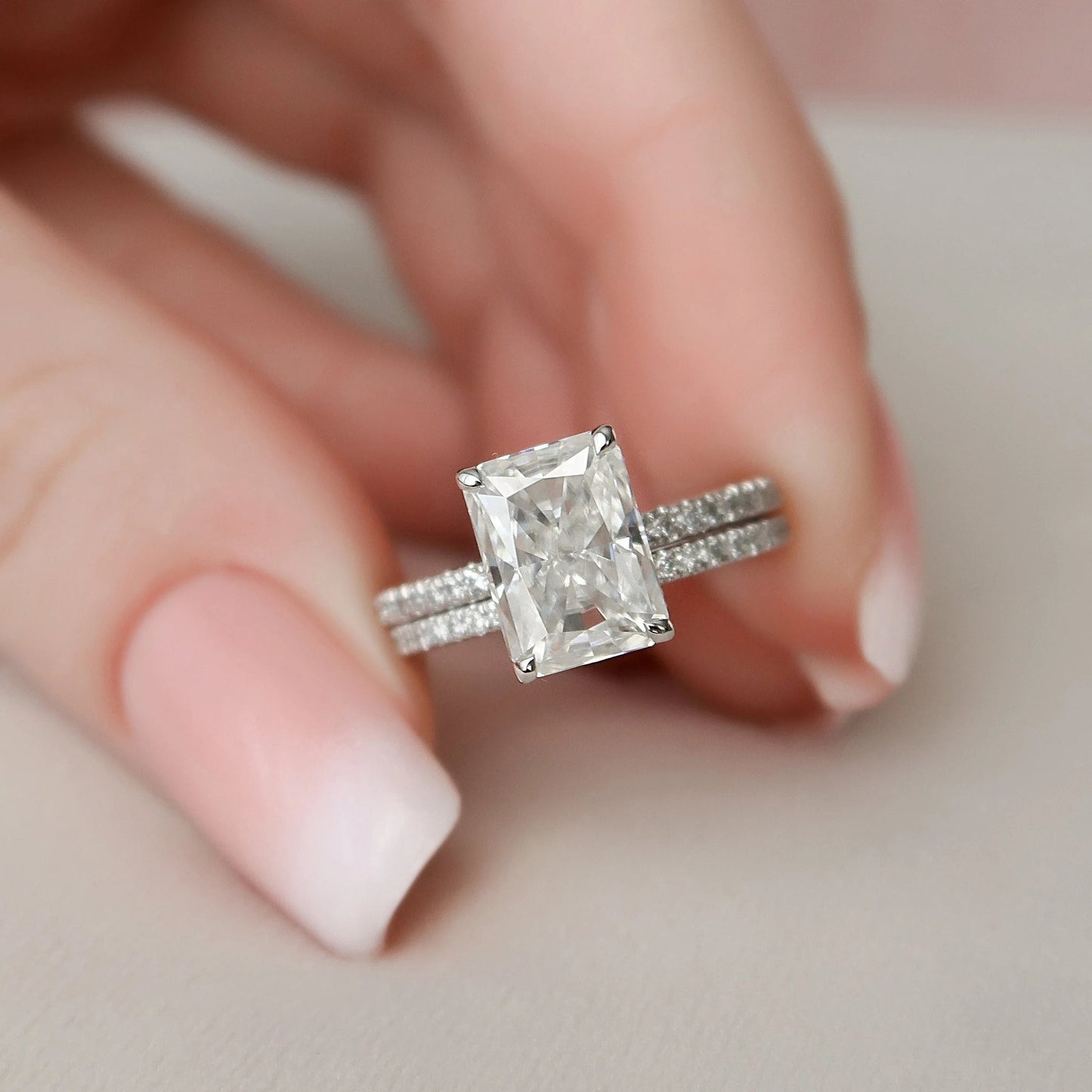 3.0CT Radiant Cut Moissanite Halo Bridal Engagement Ring Set