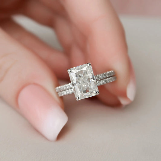 3.0CT Radiant Cut Moissanite Halo Bridal Engagement Ring Set