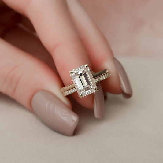 3.0CT Emerald Cut Moissanite  Halo Bridal Engagement Ring Set