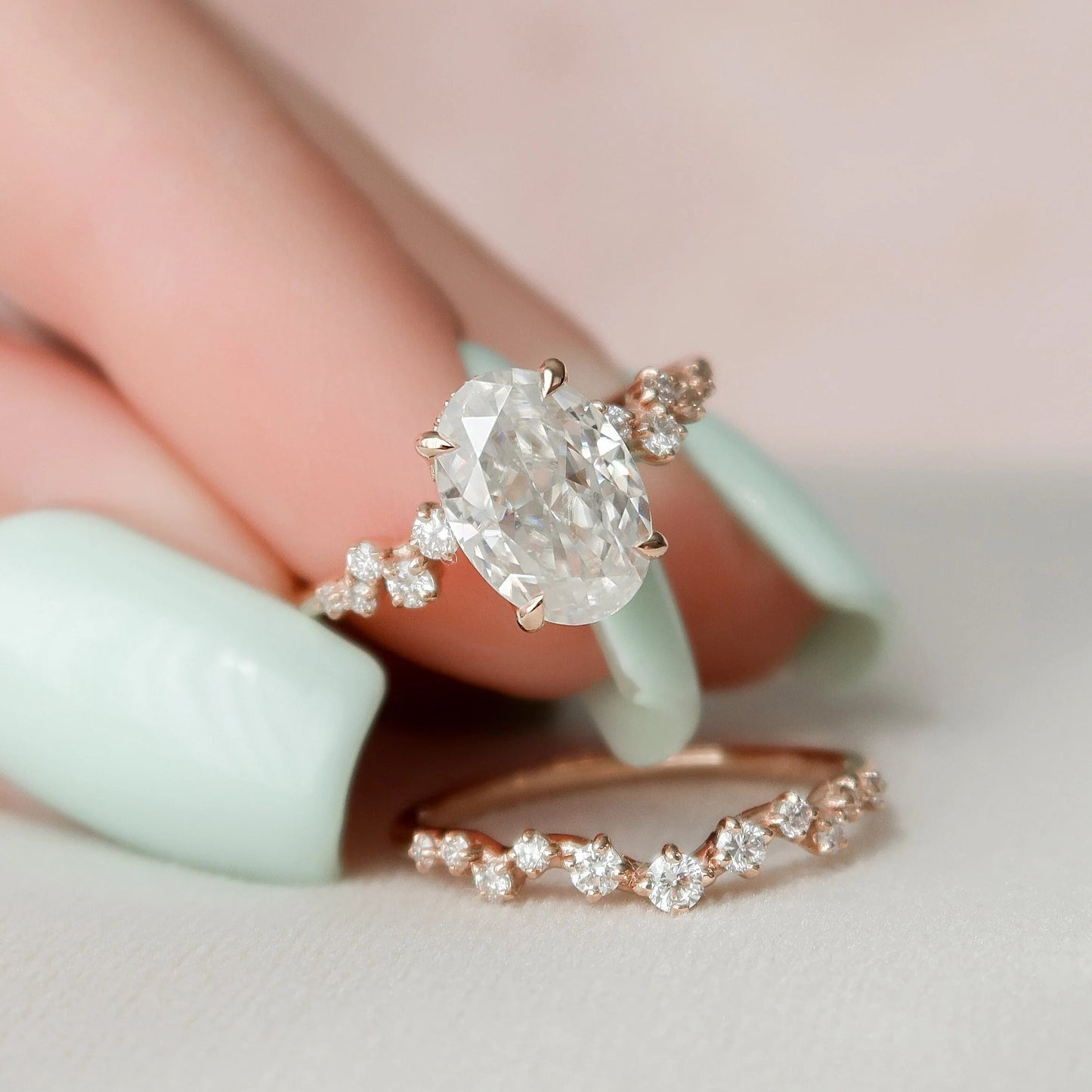 2.0CT Oval Cut Moissanite Halo Bridal Engagement Ring Set