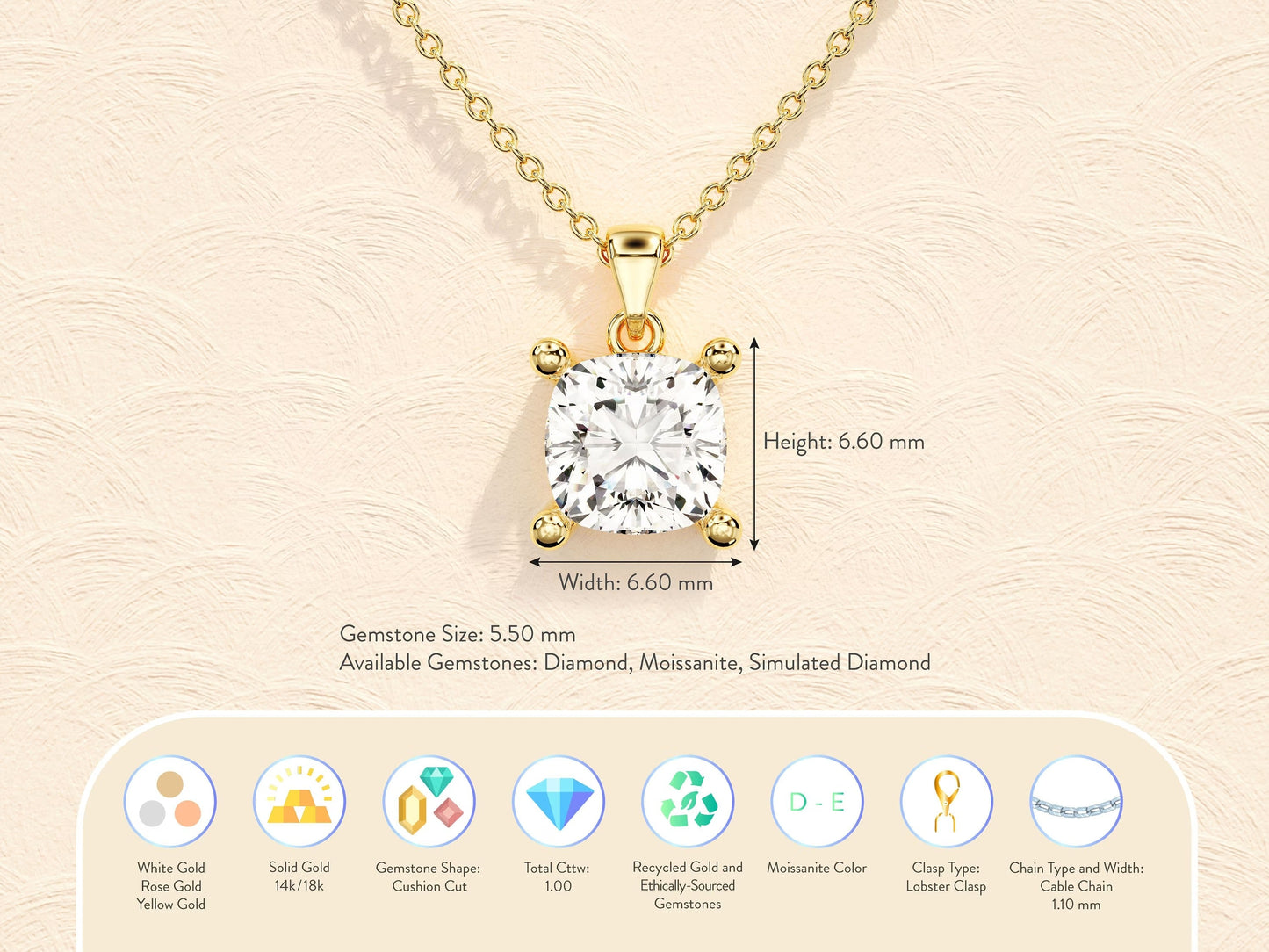 Cushion Cut Moissanite Diamond Pendant Necklaces
