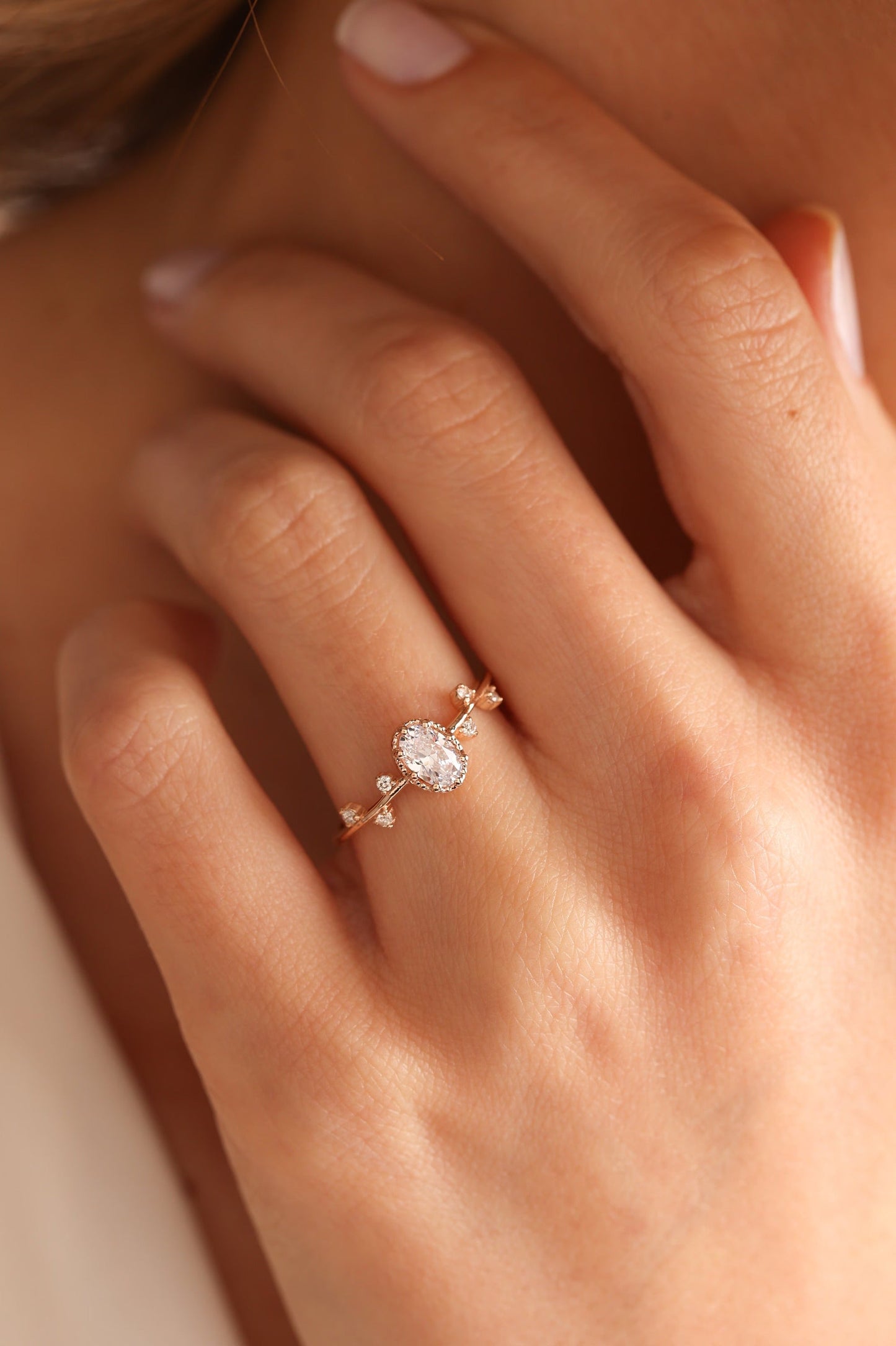 Oval Cut Diamond Unique Engagement Ring in 14K Gold