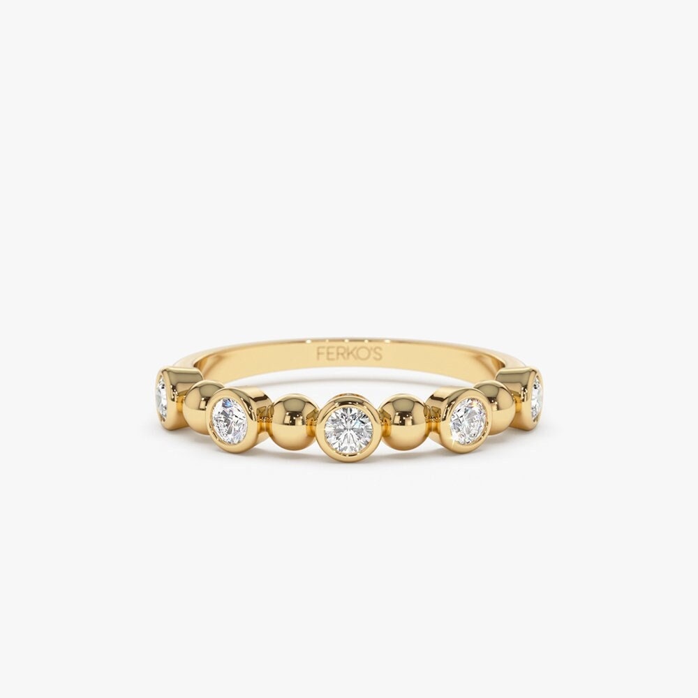 Alternating Beads & Bezel Set Round Cut Diamond Band
