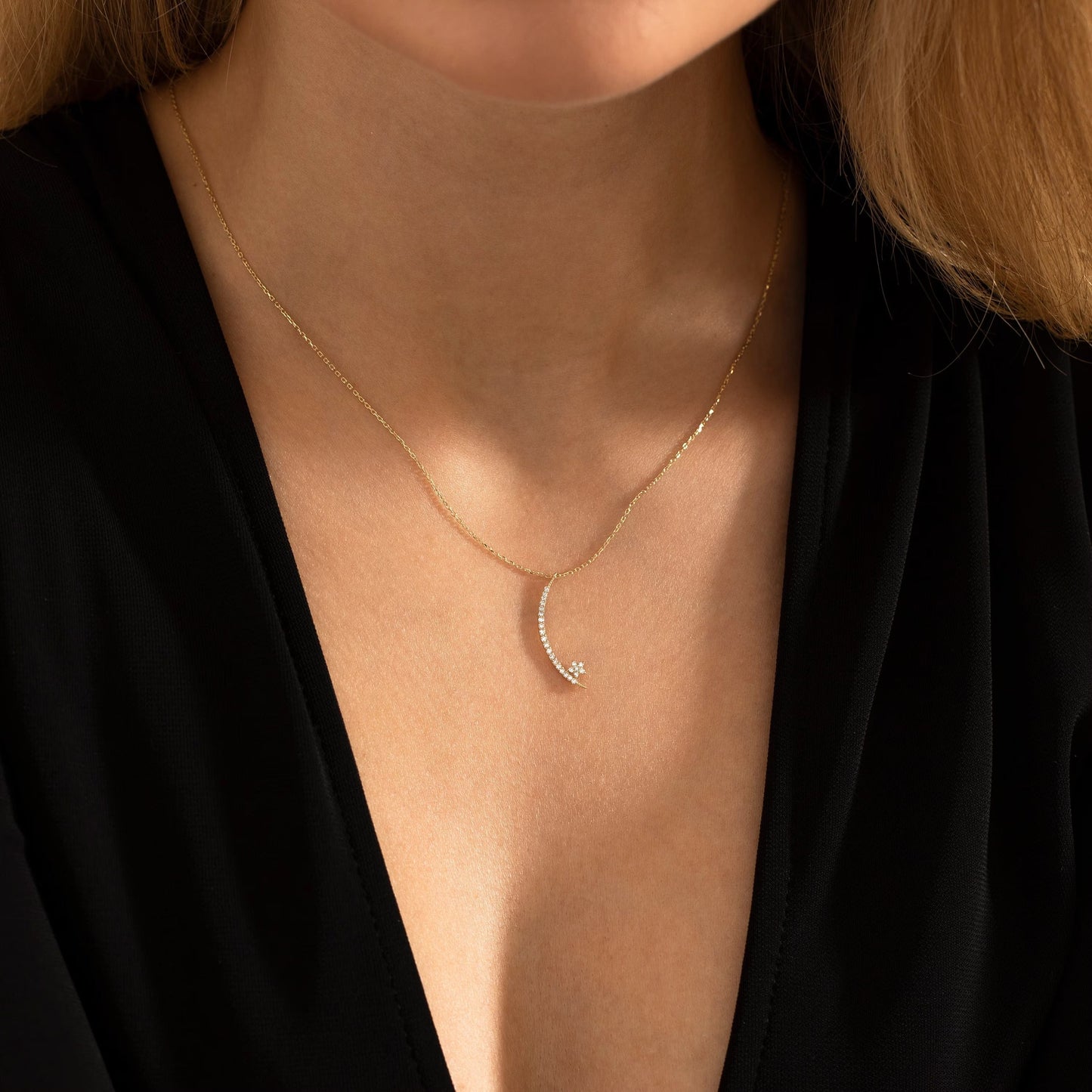 Moon and Star Diamond Moissanite Necklace for Her