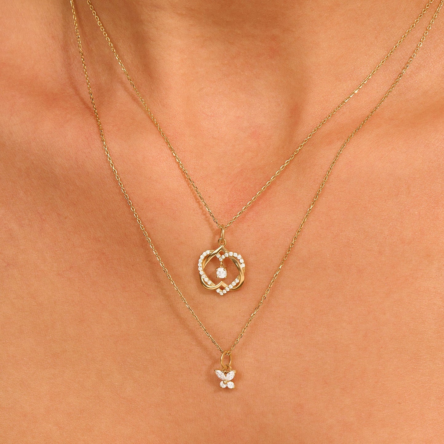 Round Cut Diamond Double Heart Intertwined Necklace for Her