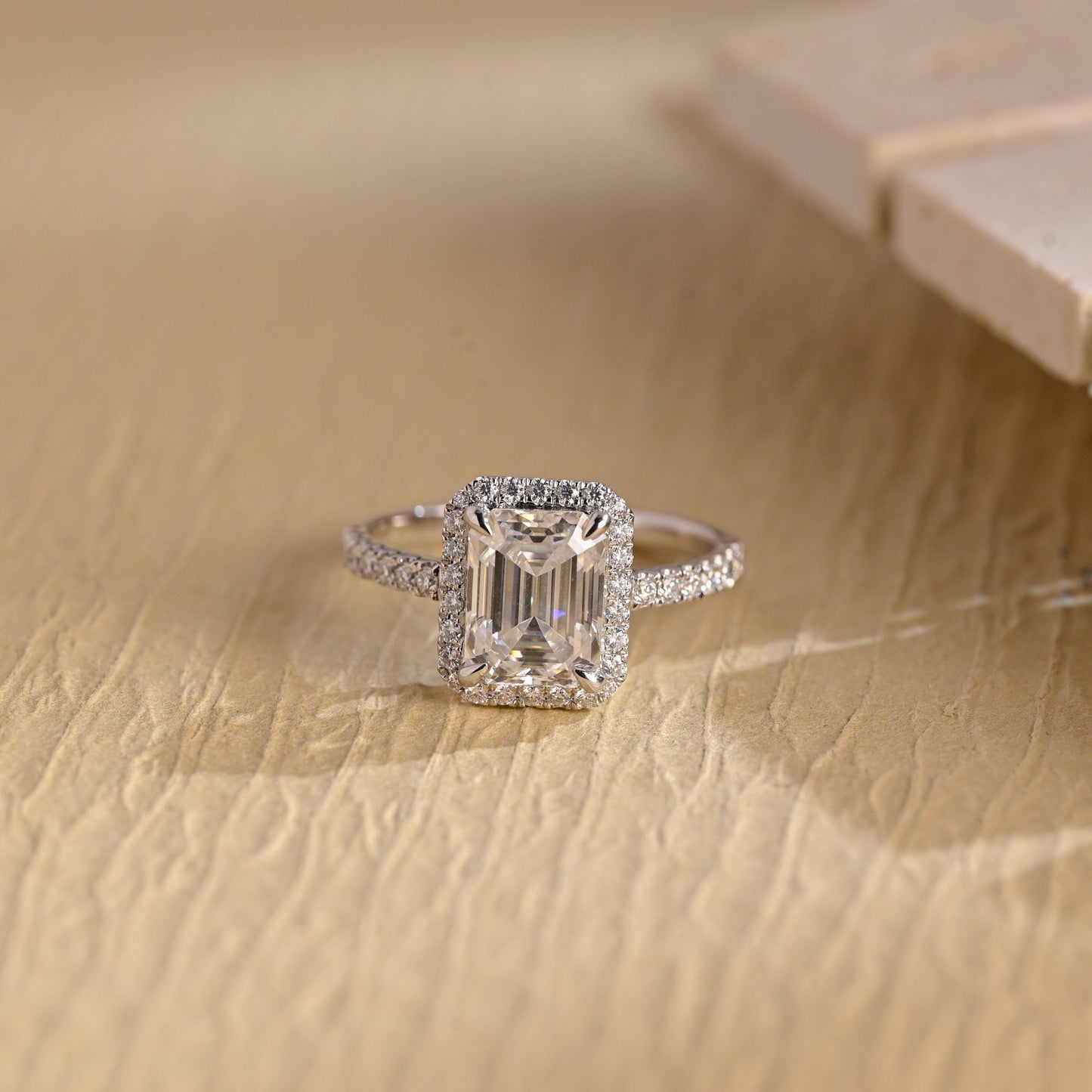 1.50 CT Emerald Cut Halo Diamond Moissanite Engagement Ring