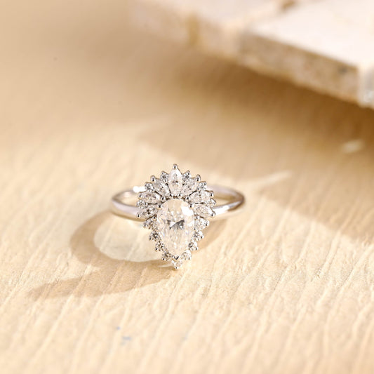 1.0CT Pear Cut Cluster Diamond Moissanite Engagement Ring