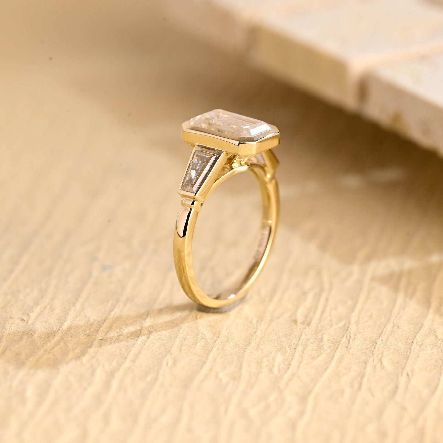 3.0CT Emerald Cut Bezel Setting Trilogy Moissanite Engagement Ring
