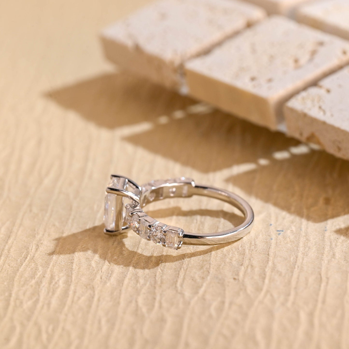 1.0CT Emerald Cut Cluster Diamond Moissanite Engagement Ring