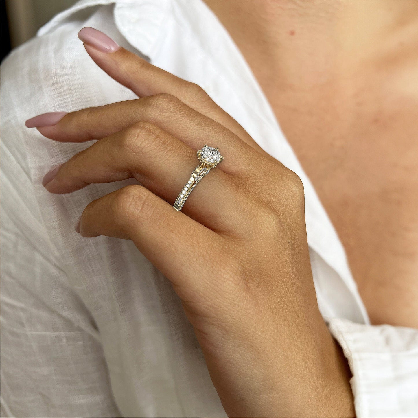 1.0 CT Round Cut Moissanite Three Side Pave Unique Engagement Ring