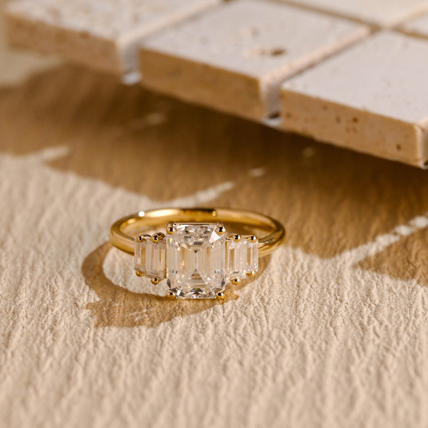 2.50CT Emerald Cut Five Stone Moissanite Engagement Ring