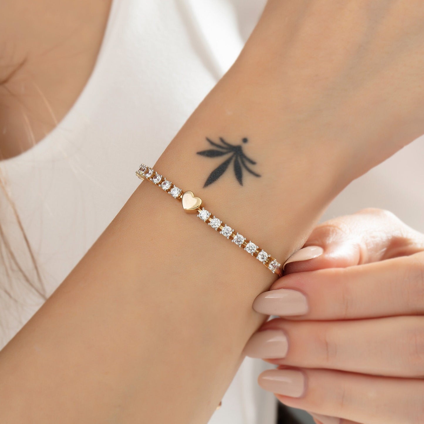 5 To 7\ Adjustable Tennis Heart Diamond Bracelet for Her"