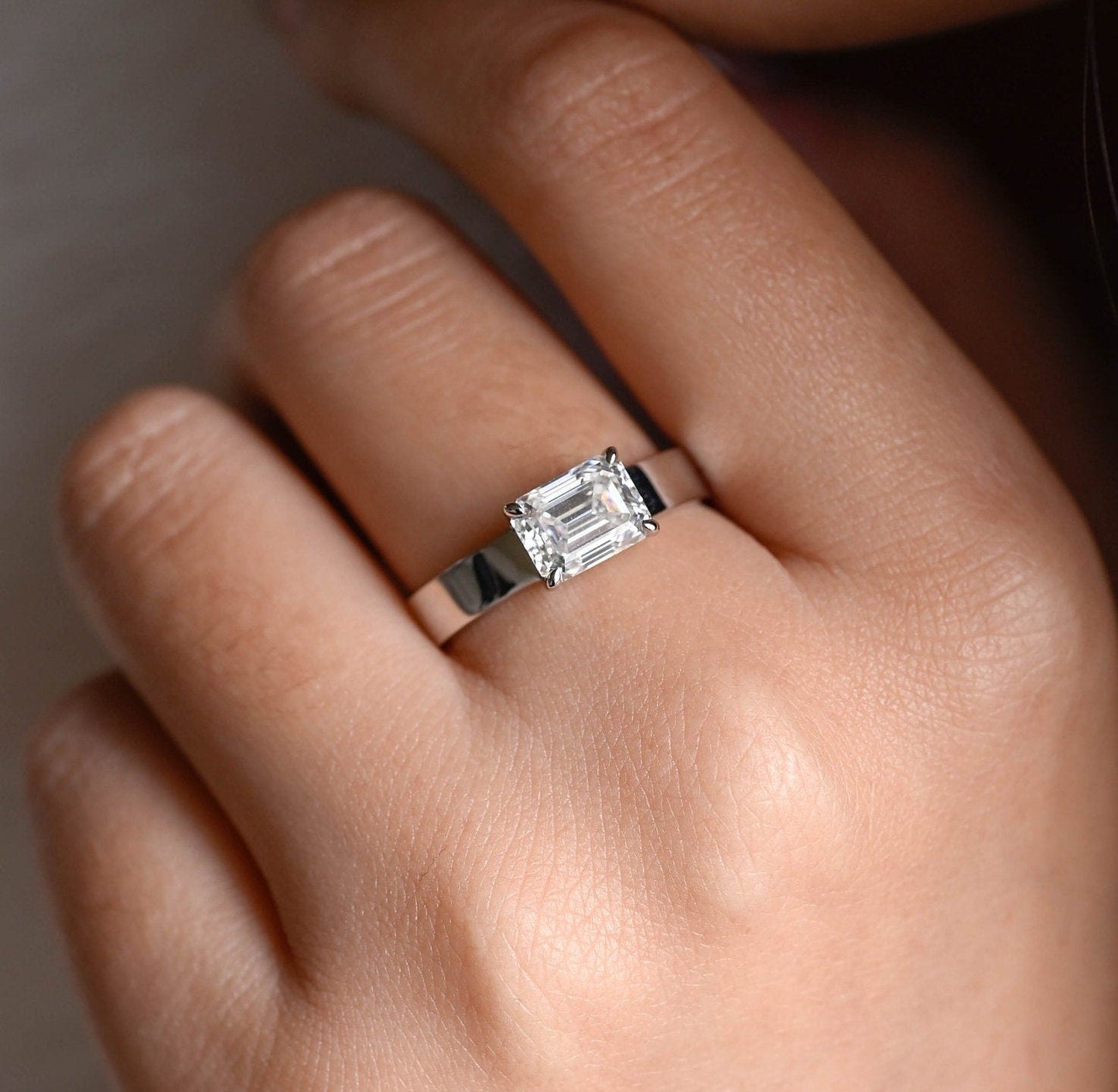 1.0CT Emerald Cut Wide Band Solitaire Moissanite Engagement Ring