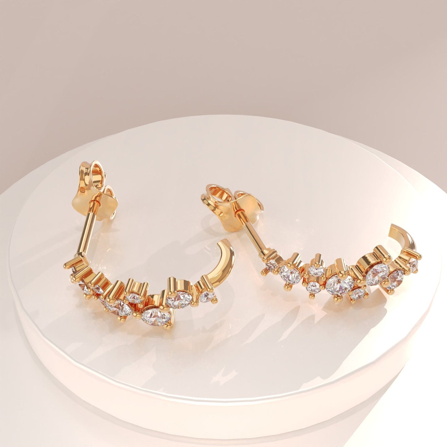 0.72CT Round Cluster Moissanite Diamond Half Hoops Earrings In Yellow Gold