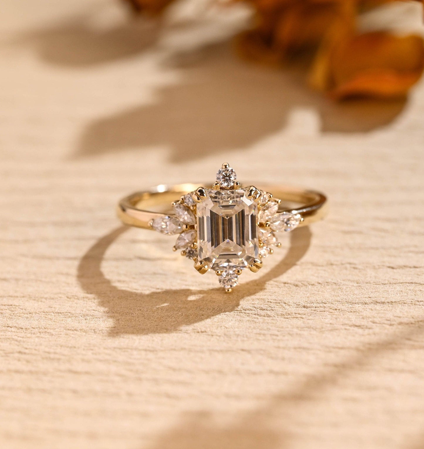 1.0 CT Emerald Cut Cluster Diamond Moissanite Engagement Ring