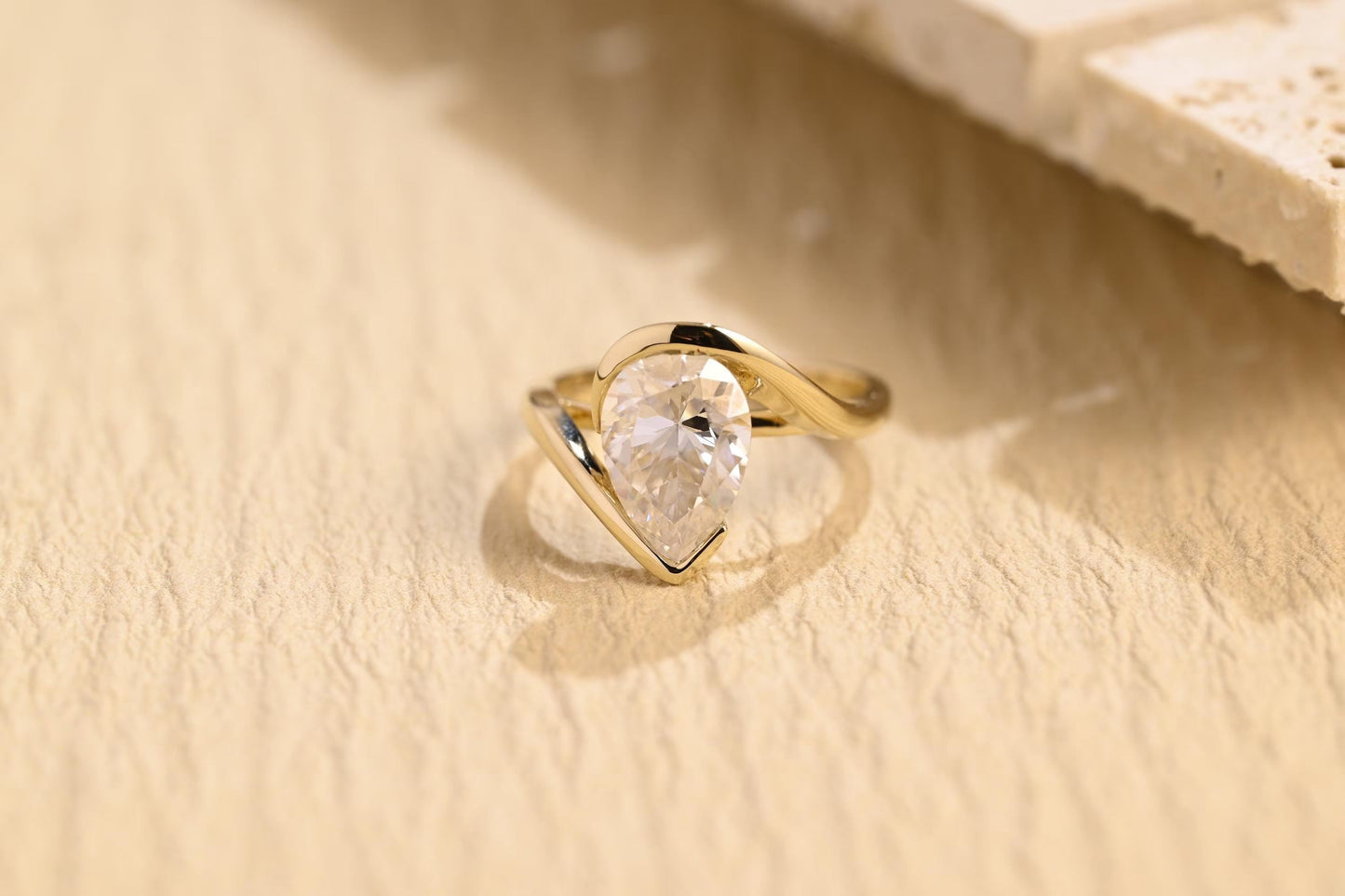 1.50CT Pear Cut Half Bezel Hidden Halo Moissanite Engagement Ring