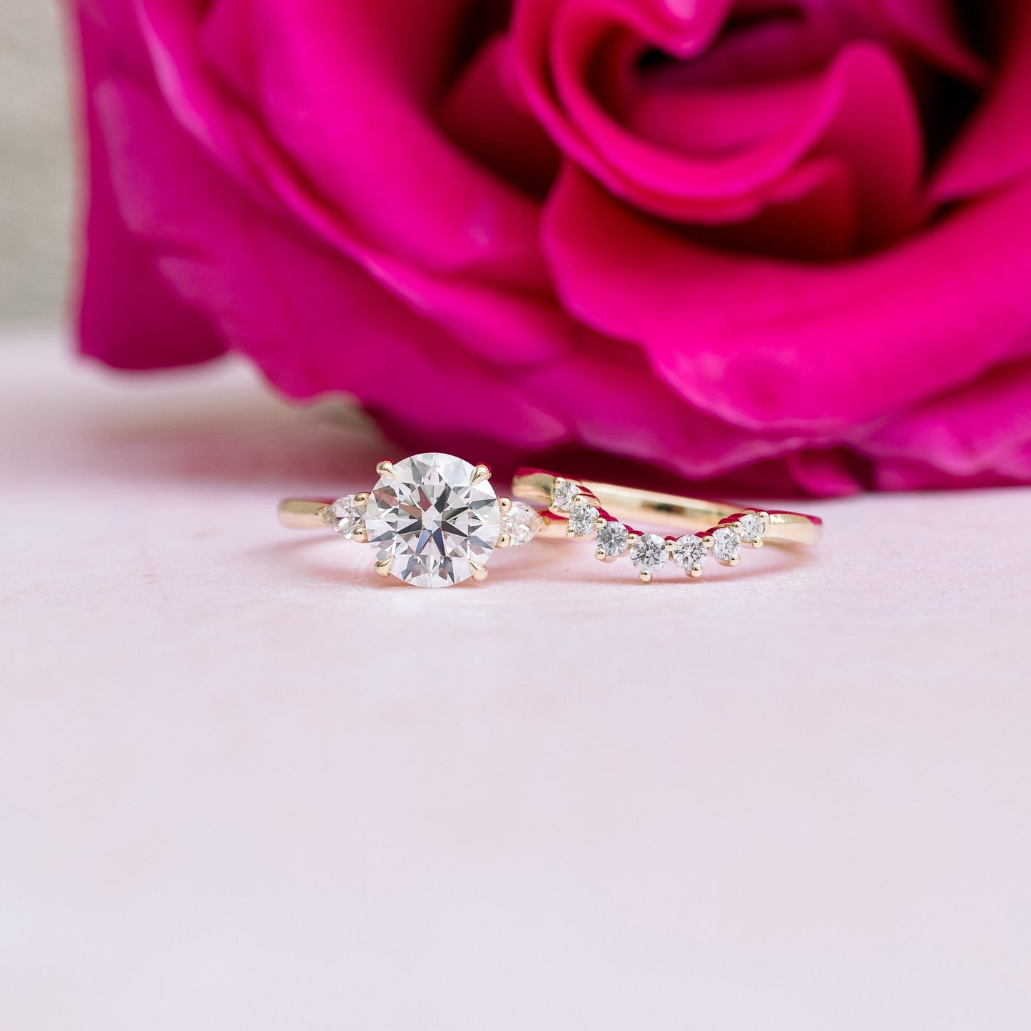 2.0CT Round & Pear Cut Moissanite 3 Stone Engagement Ring