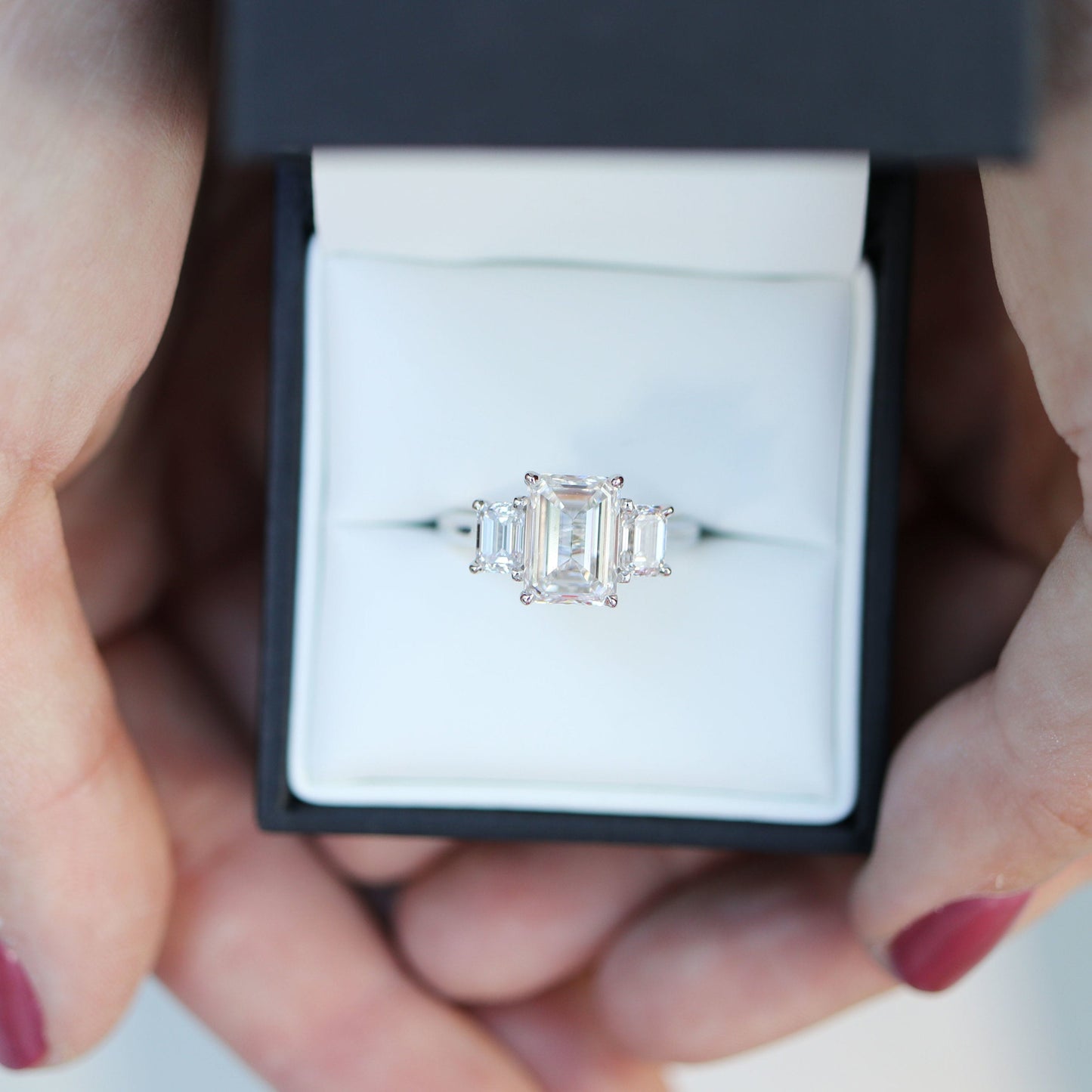 3.0CT Emerald Cut Moissanite Three Stone Diamond Engagement Ring