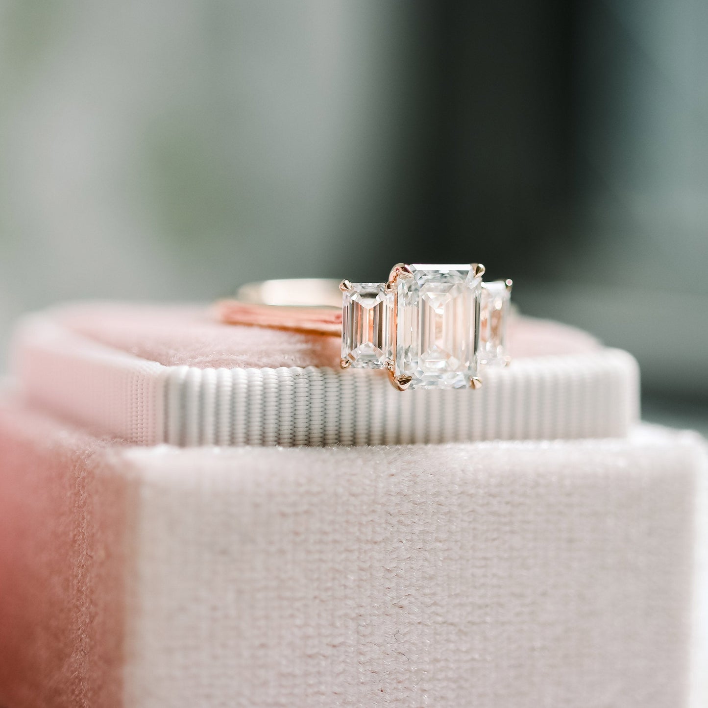3.0CT Emerald Cut Moissanite Three Stone Diamond Engagement Ring