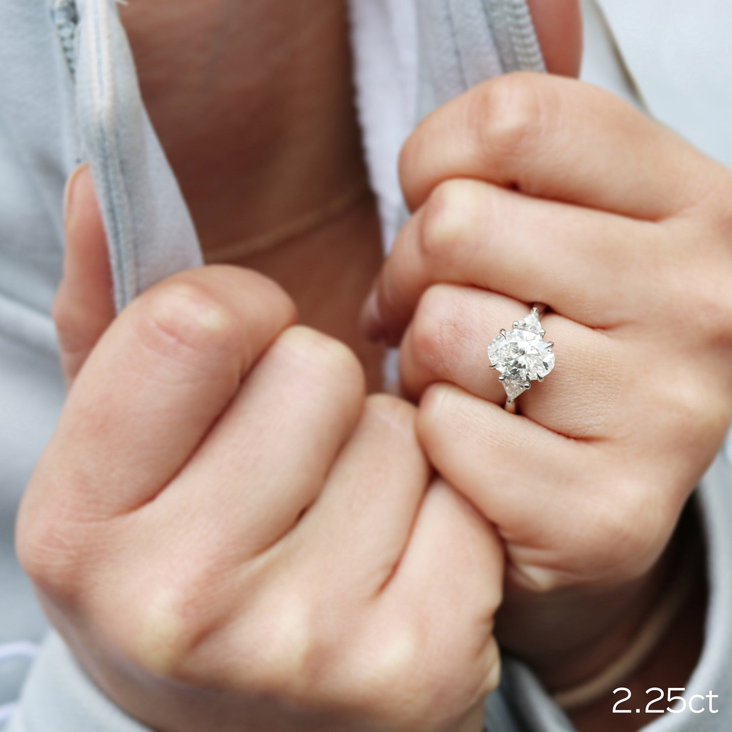 2.25CT Oval Cut Moissanite Trillion Cut 3 Stone Engagement Ring