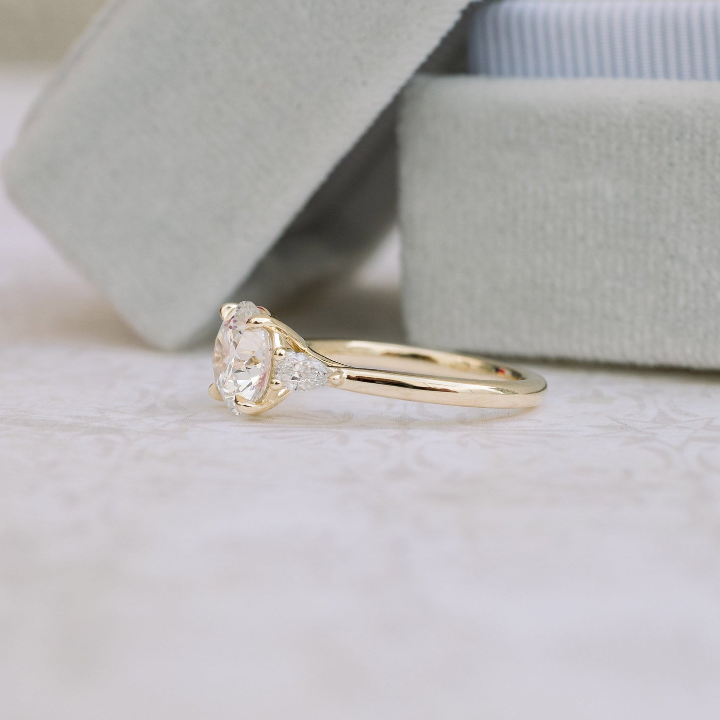 2.0CT Round & Pear Cut Moissanite 3 Stone Engagement Ring