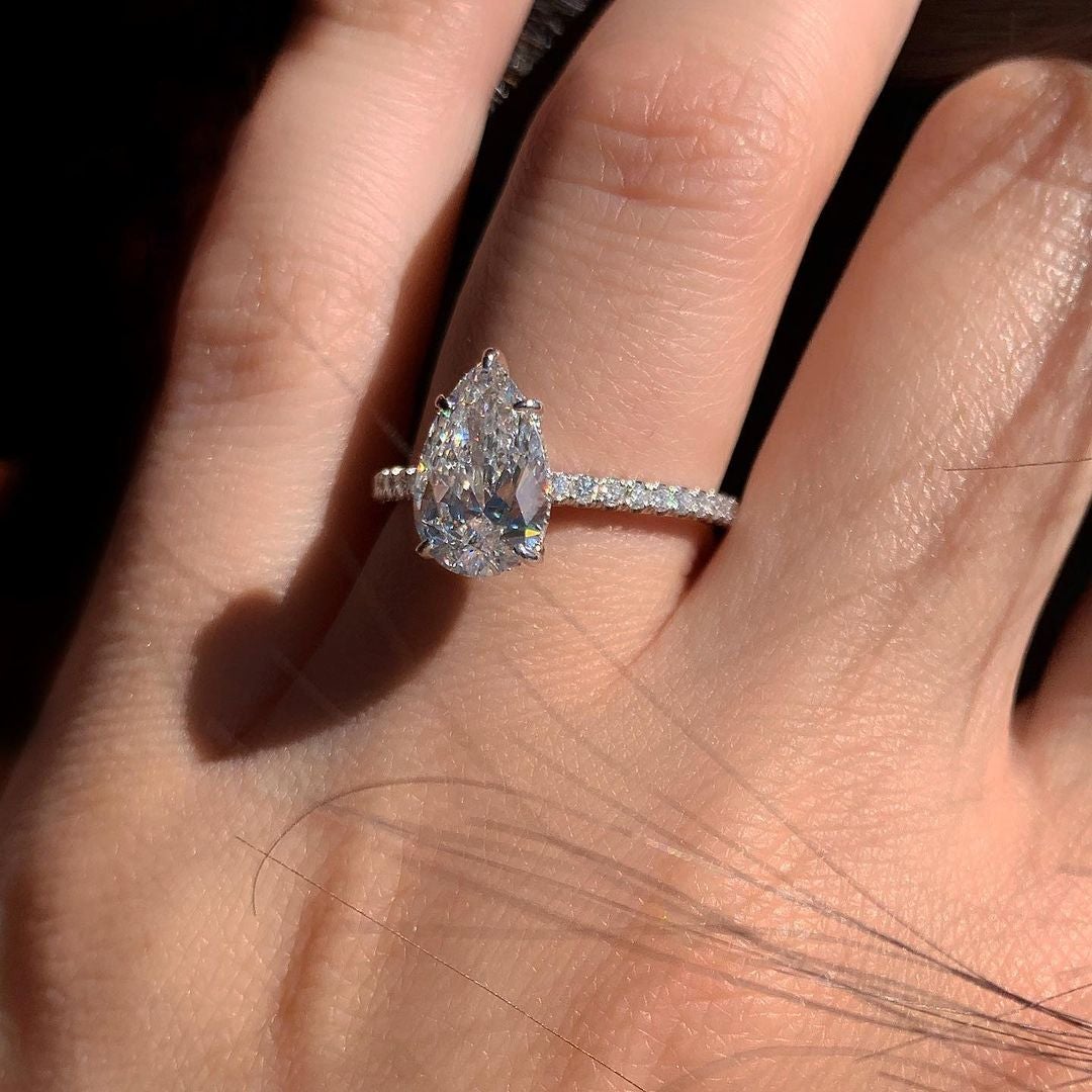 1.50CT Pear Cut Hidden Halo Moissanite Diamond Engagement Ring