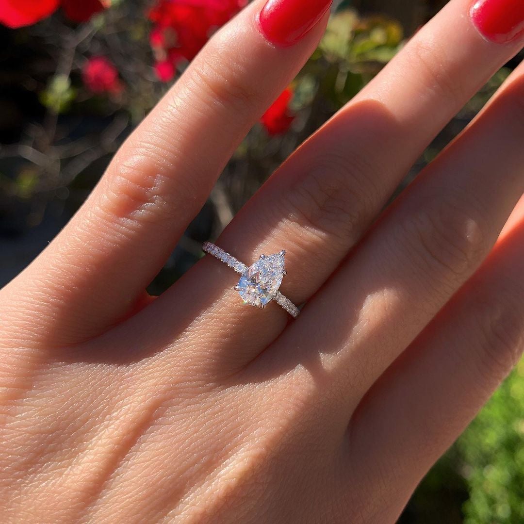 2.10CT Pear Cut Hidden Halo Moissanite Diamond Engagement Ring