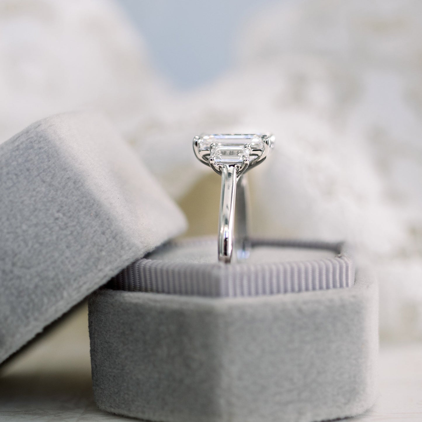 3.0CT Emerald Cut Moissanite Three Stone Diamond Engagement Ring