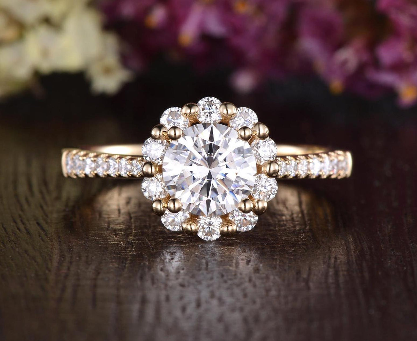 0.75 CT Round Halo Pave Moissanite Bridal Ring Set
