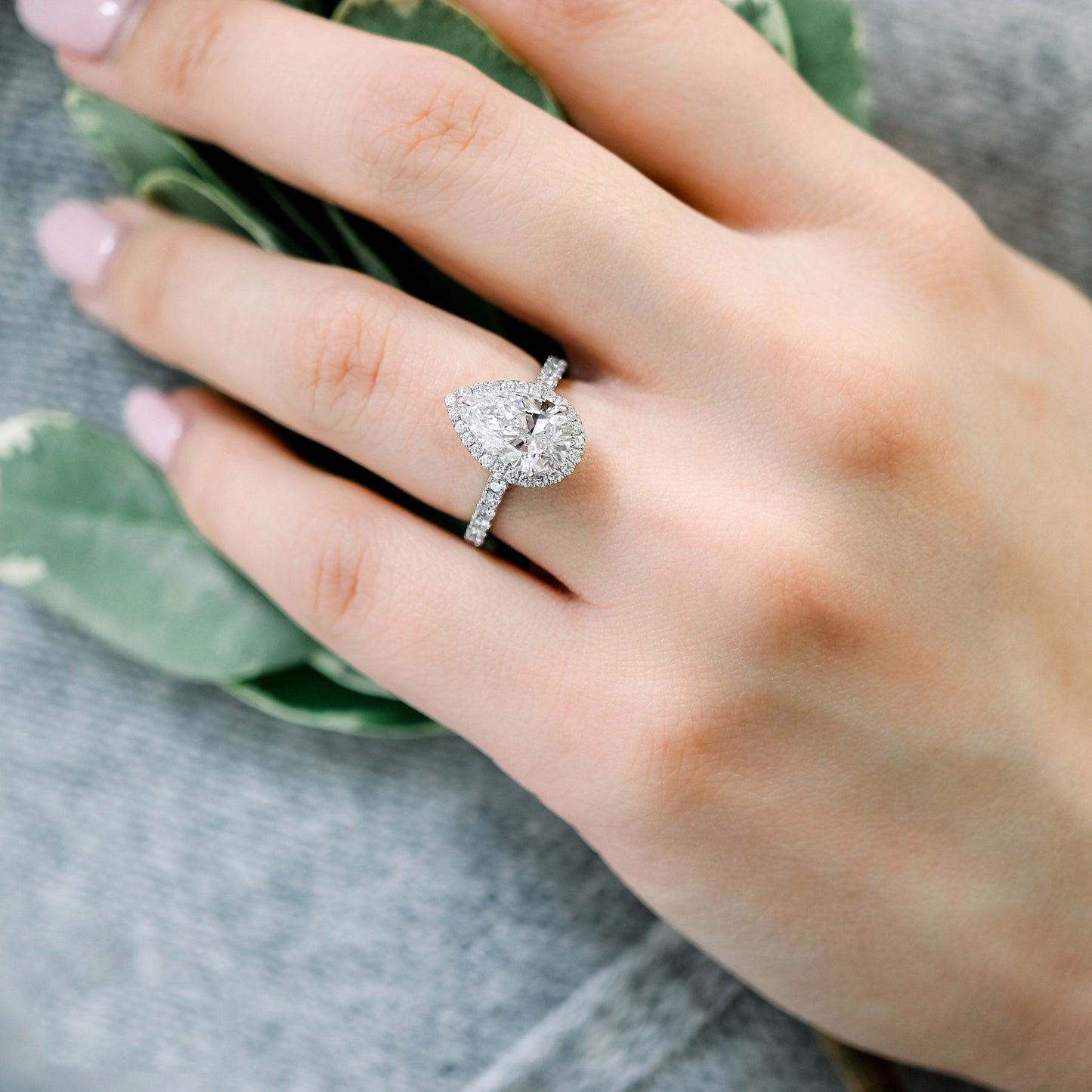 2.0CT Pear Cut Moissanite Halo Pave Diamond Engagement Ring