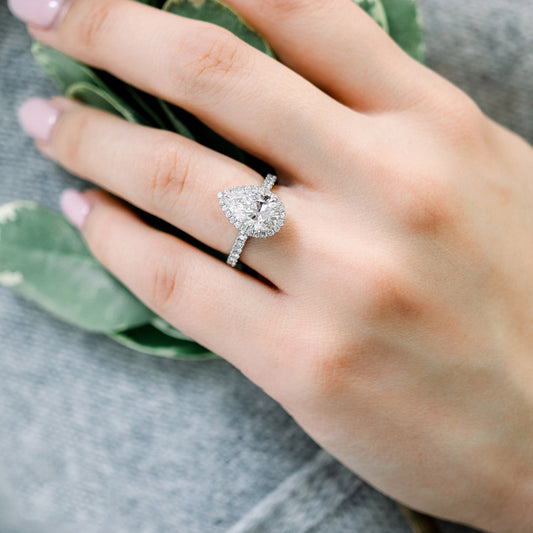 2.0CT Pear Cut Moissanite Halo Pave Diamond Engagement Ring