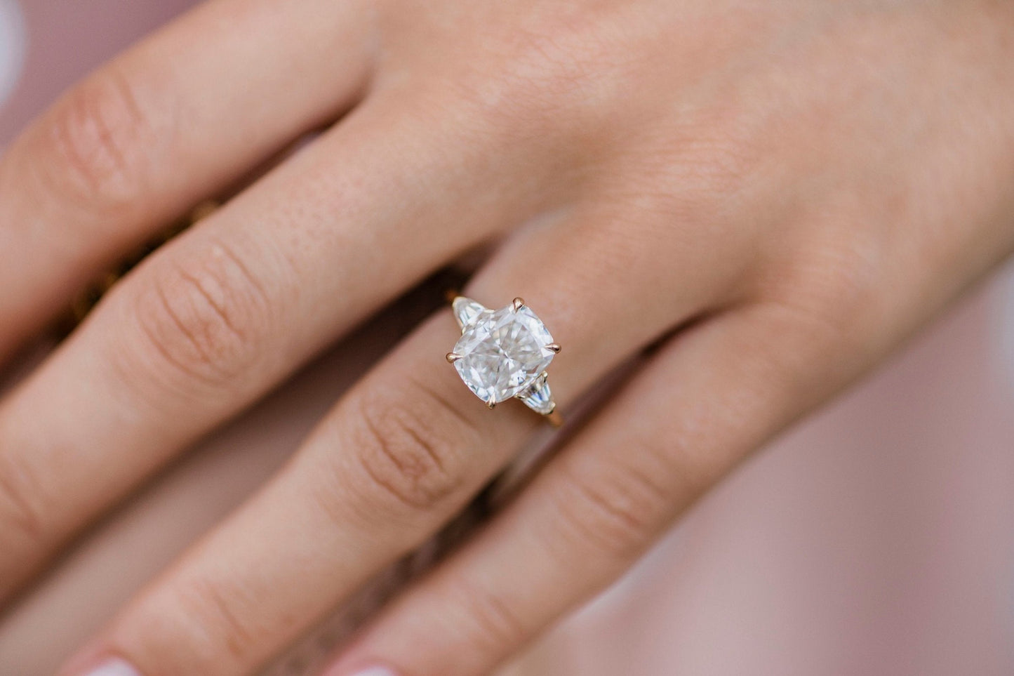 4.20CT Elongated Cushion Cut Three Stone Moissanite Diamond Engagement Ring