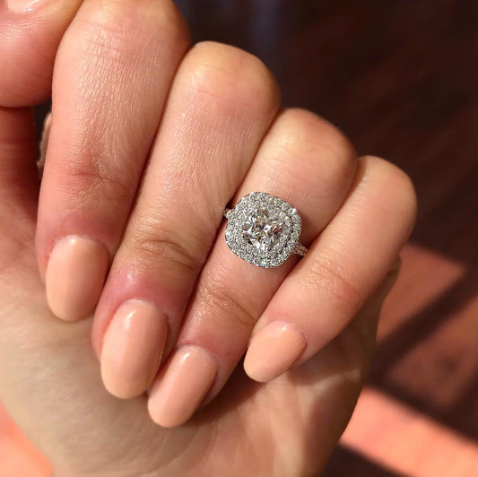 0.95CT Cushion Cut Double Halo Moissanite Engagement Ring