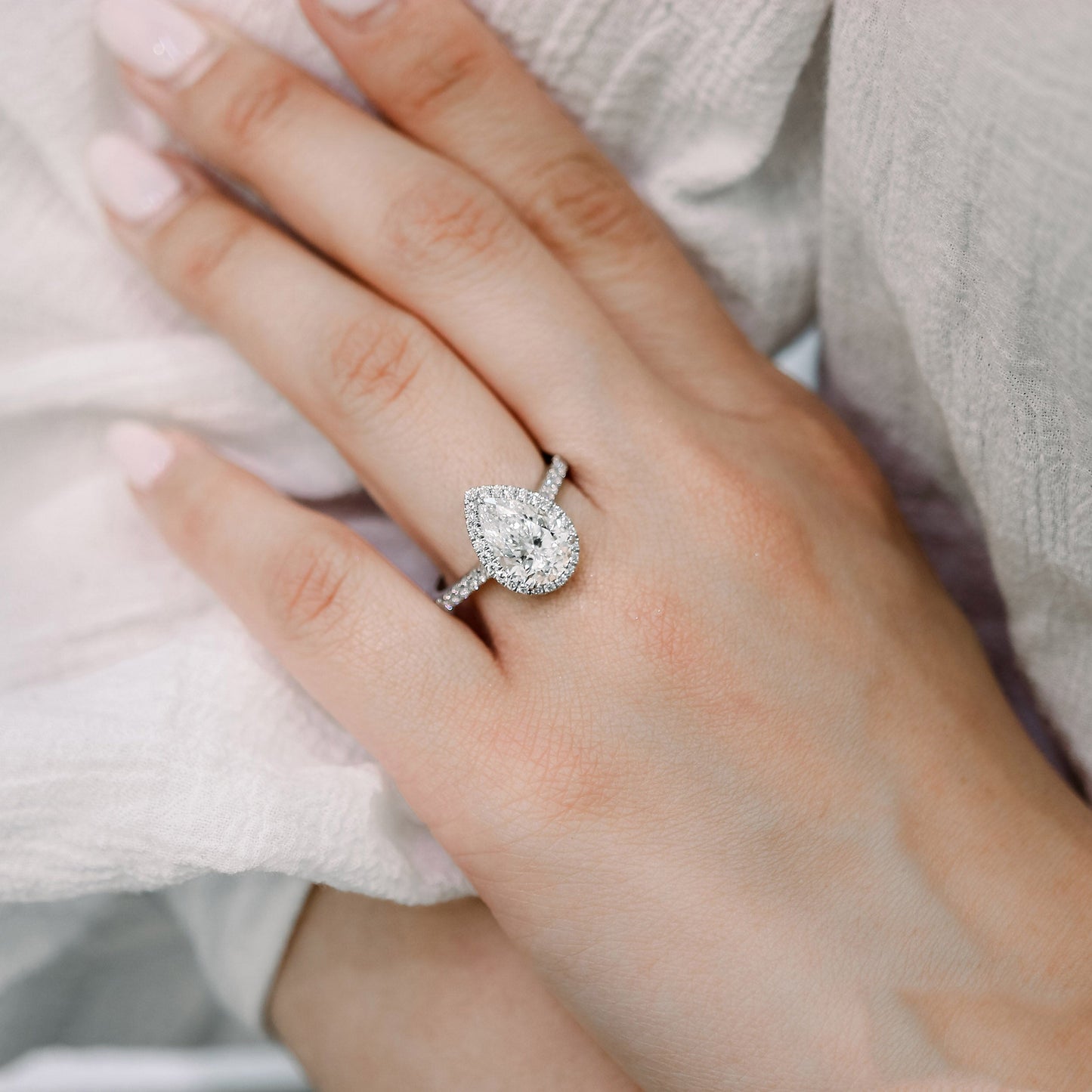 2.0CT Pear Cut Moissanite Halo Pave Diamond Engagement Ring