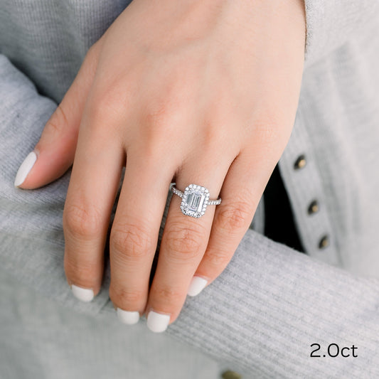 2.0CT Emerald Cut Moissanite Halo Pave Diamond Engagement Ring