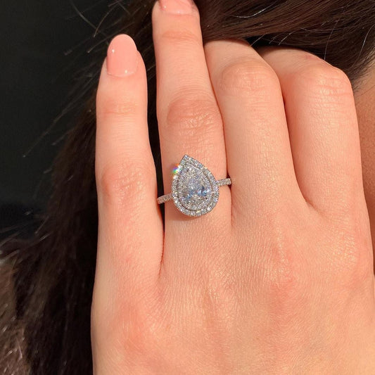 2.10CT Pear Cut Moissanite Double Halo Engagement Ring