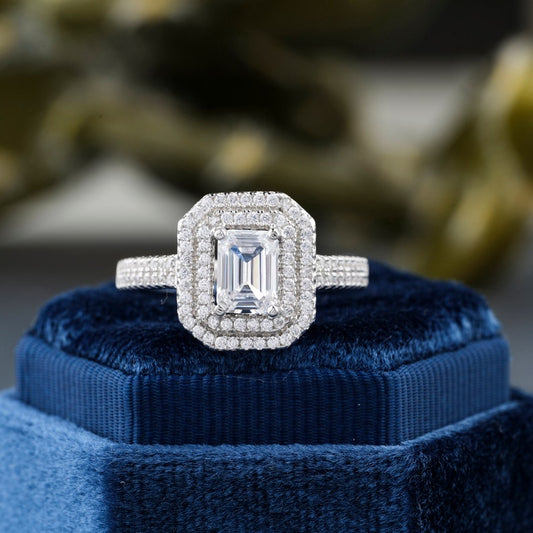 Emerald Cut Diamond Double Halo Moissanite Engagement Ring