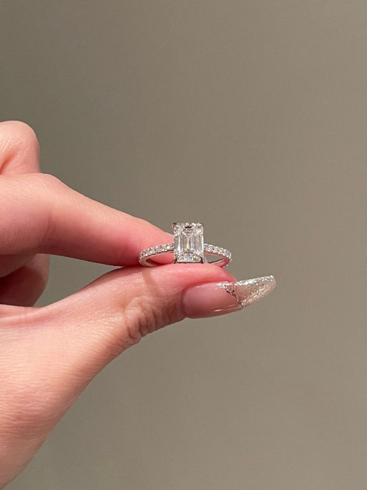 Emerald Cut Pave Setting Moissanite Engagement Ring