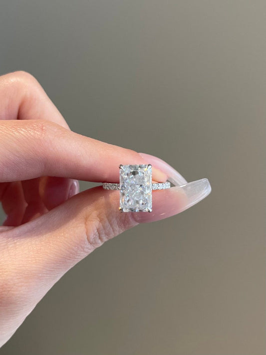5.0CT Elongated Radiant Cut Pave Moissanite Diamond Engagement Ring