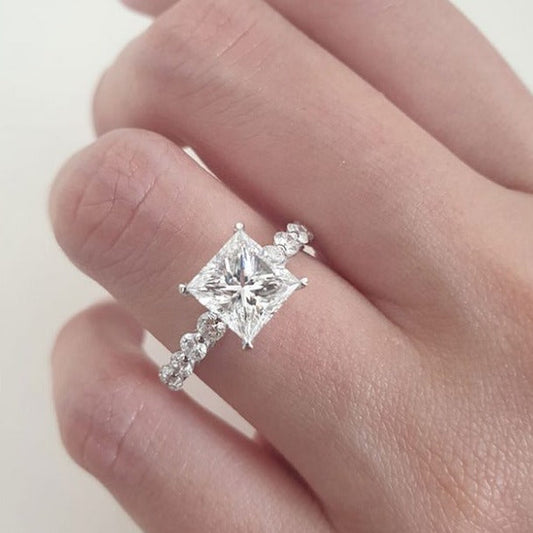 2.0ct Princess Cut Bubble Pave Moissanite Diamond Engagement Ring in 14K White Gold