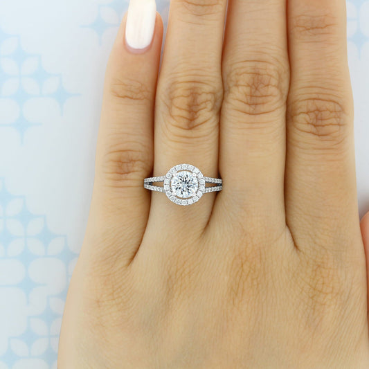 1.0ct Round Cut Halo Split Shank Moissanite Engagement Ring