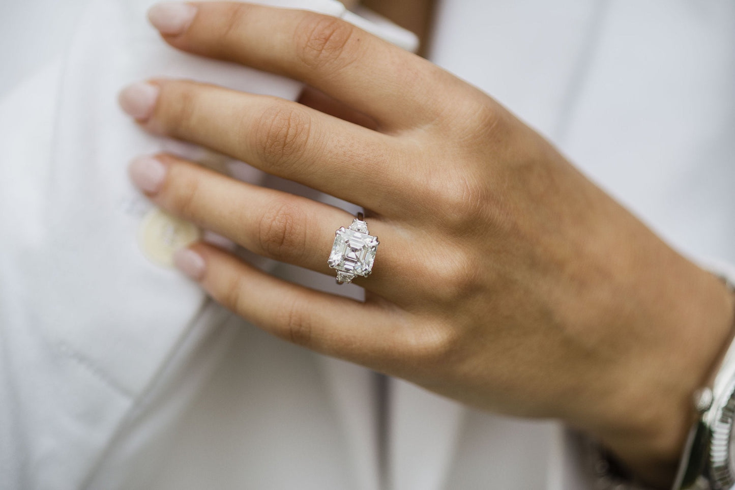 4.10CT Asscher Cut Moissanite Engagement Ring in 14K White Gold