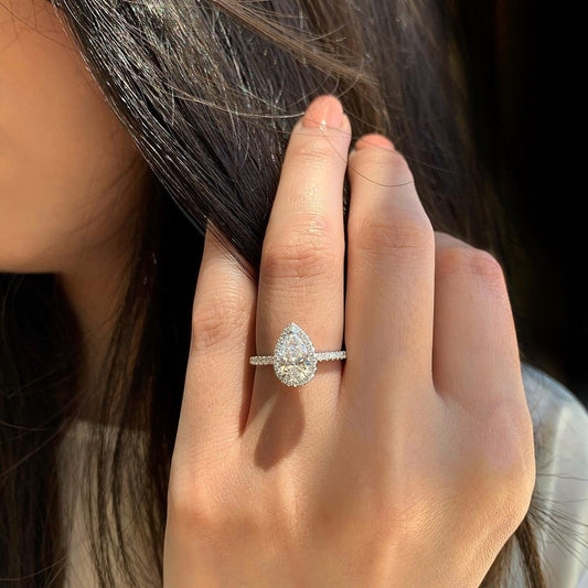 1.50CT Pear Cut Halo Moissanite Diamond Engagement Ring