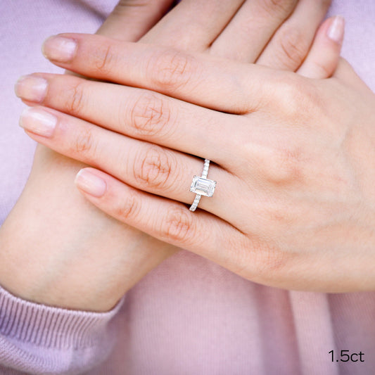 1.50CT Emerald Cut Moissanite Petite Pave Diamond Engagement Ring