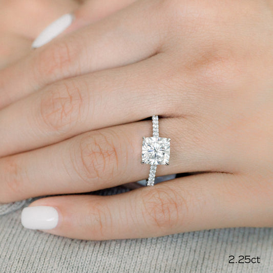 2.25CT Cushion Cut Moissanite Cathedral Pave Diamond Engagement Ring