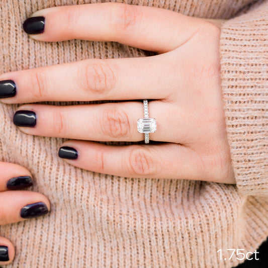 1.75CT Emerald Cut Moissanite Cathedral Pave Diamond Engagement Ring