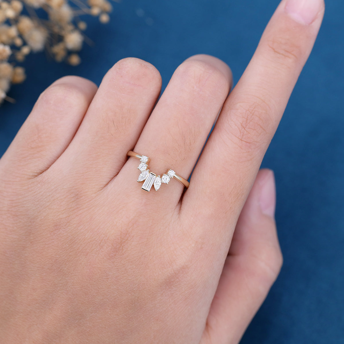 2.0 CT Round, Marquise & Baguette Shaped Moissanite Curved Wedding Band